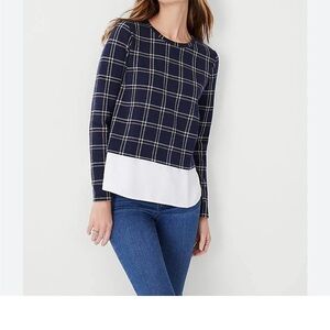 Ann Taylor New w Tag XS Petite Plaid Layered Mixed Media Top Navy Cream
